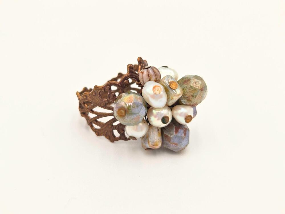 Adjustable Beaded Cluster Ring - Bronze Filigree Pearl Boho Jewelry